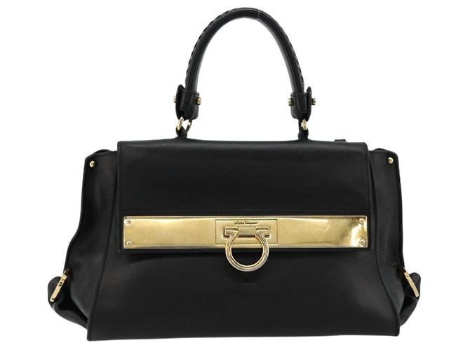 Salvatore Ferragamo Gancini Sofia Hand Bag Leather 2way Black Gold Auth 176789 Golden - view 13