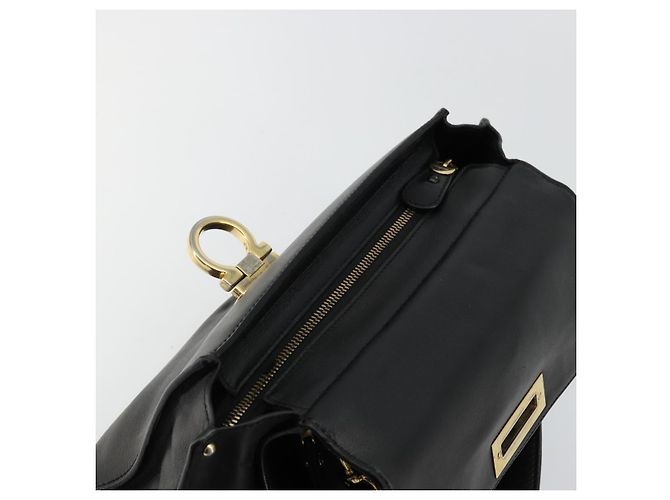 Salvatore Ferragamo Gancini Sofia Hand Bag Leather 2way Black Gold Auth 176789 Golden - view 21