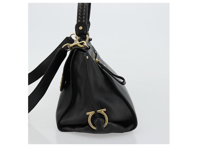 Salvatore Ferragamo Gancini Sofia Hand Bag Leather 2way Black Gold Auth 176789 Golden - view 3