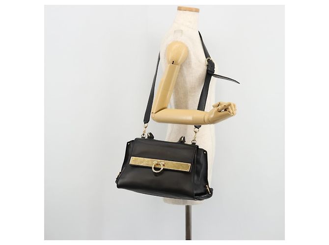 Salvatore Ferragamo Gancini Sofia Hand Bag Leather 2way Black Gold Auth 176789 Golden - view 30