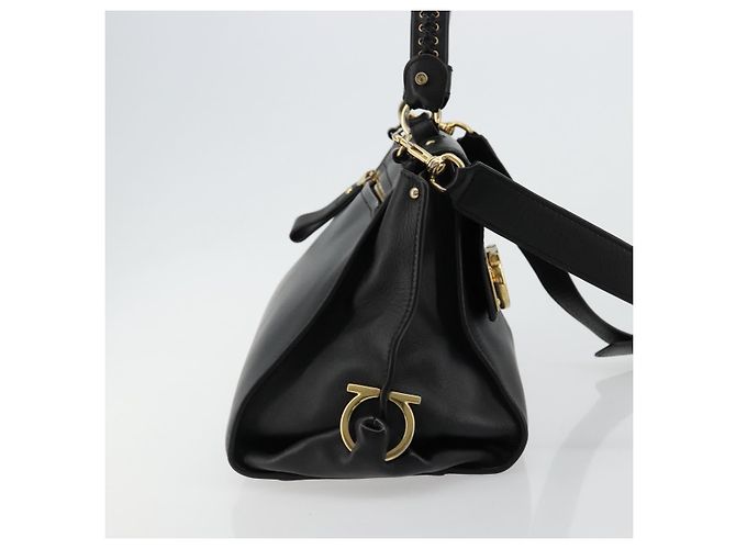 Salvatore Ferragamo Gancini Sofia Hand Bag Leather 2way Black Gold Auth 176789 Golden - view 4