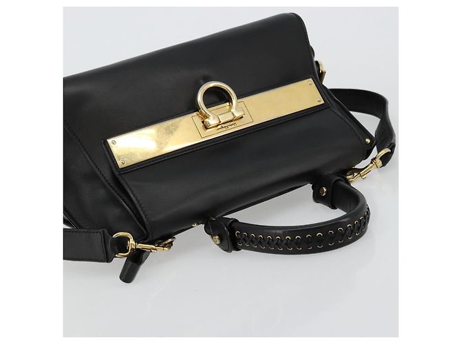 Salvatore Ferragamo Gancini Sofia Hand Bag Leather 2way Black Gold Auth 176789 Golden - view 6