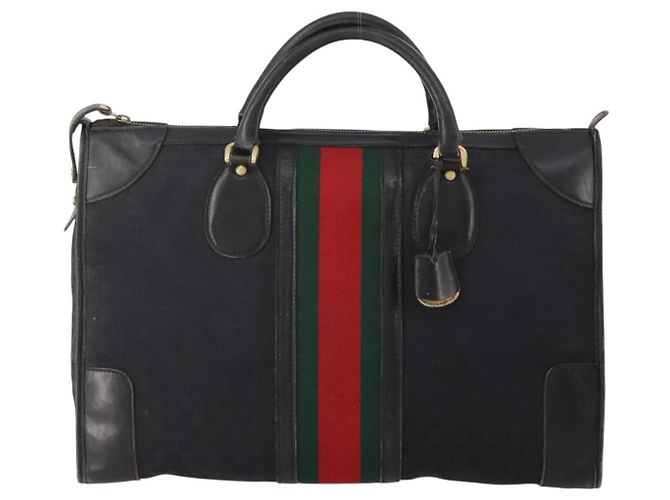 Bolsa Boston GUCCI GG Canvas Web Sherry Line Preta Ouro Auth 175830A Preto Dourado - vista 13