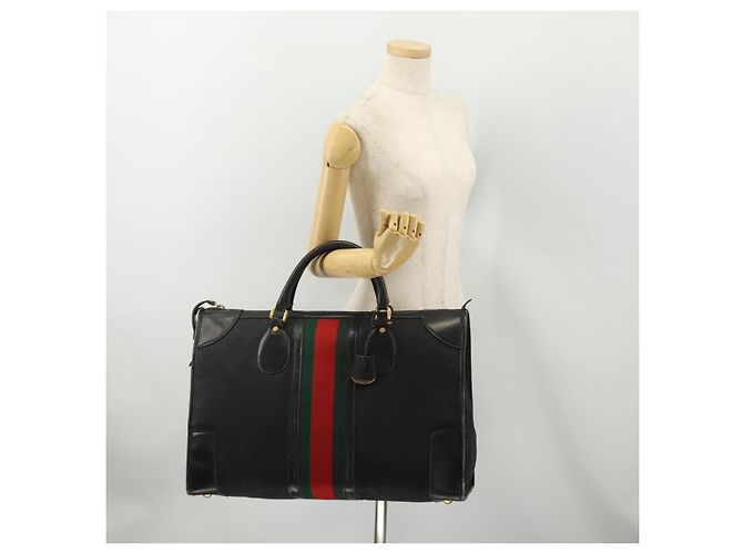 Bolsa Boston GUCCI GG Canvas Web Sherry Line Preta Ouro Auth 175830A Preto Dourado - vista 21