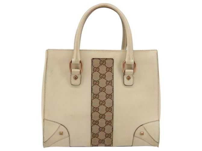 Borsa a Mano GUCCI GG Canvas Pelle Beige Oro 120895 Auth 177265 D'oro - vista 13