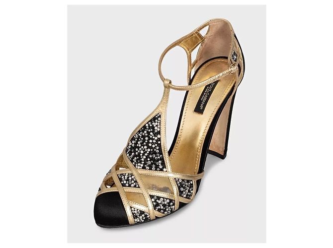 Décolleté Dolce & Gabbana in tessuto nero e cristalli dorati Miscela 39 Usato - vista 2