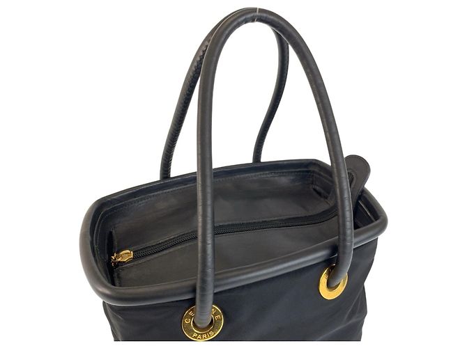 Céline Borsa Celine Vintage Circle Logo in nylon nero e pelle - vista 7