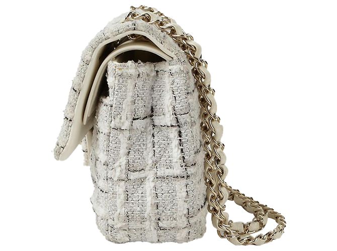 2.55 Chanel Borsa a Spalla Classic Medium in Tweed Bianco - vista 4