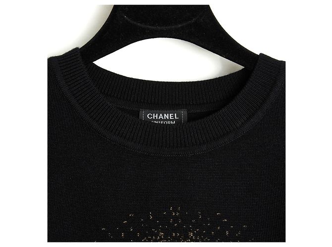 Chanel Pull M ou L Suéter de lã preta com CC Halo dourado tamanho M ou L Uniform Preto - vista 3