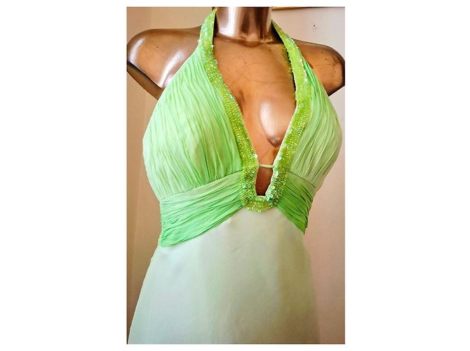 Autre Marque Abito da Cerimonia in Seta Chiffon Giallo e Verde Verde chiaro - vista 4
