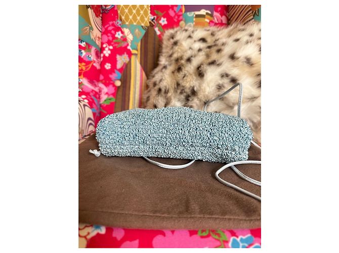 Borsa Pouch Bottega Veneta in Raffia Azzurro Turchese Chiaro Blu Blu chiaro - vista 13