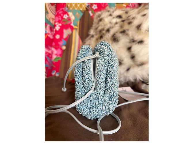 Borsa Pouch Bottega Veneta in Raffia Azzurro Turchese Chiaro Blu Blu chiaro - vista 5