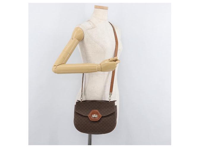 Céline Borsa a Mano CELINE Macadam Canvas PVC Pelle 2way Marrone Oro Auth BA12509 D'oro - vista 25