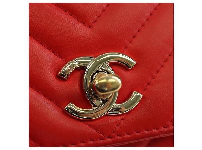 CHANEL V Stitch Schultertasche Lammfell Gold Rot CC Authentisch bs35072M Golden - Ansicht 14