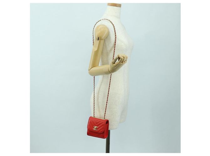 CHANEL V Stitch Schultertasche Lammfell Gold Rot CC Authentisch bs35072M Golden - Ansicht 25