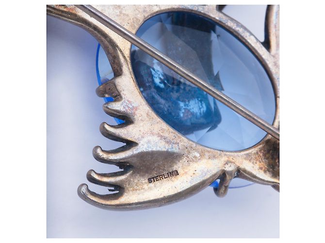 Autre Marque Spilla pesce vintage in argento sterling e cristallo blu - vista 6