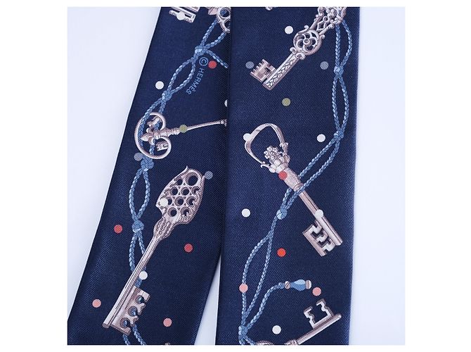 Hermès Les Clés à Pois Fringed Twilly Bleu Marine Multicolore - vista 4