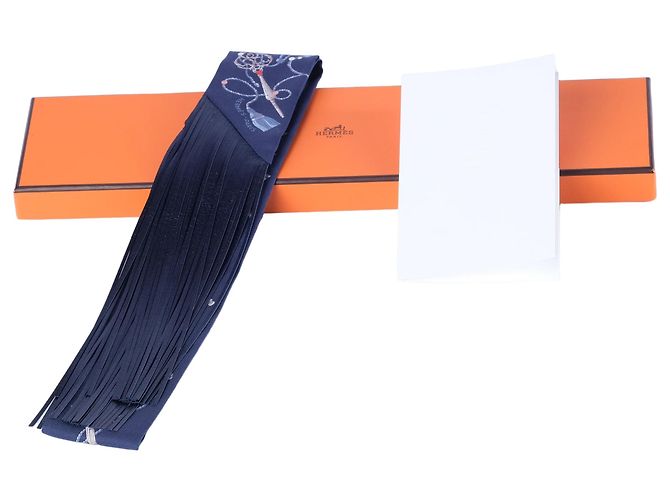 Hermès Les Clés à Pois Fringed Twilly Bleu Marine Multicolore - vista 8