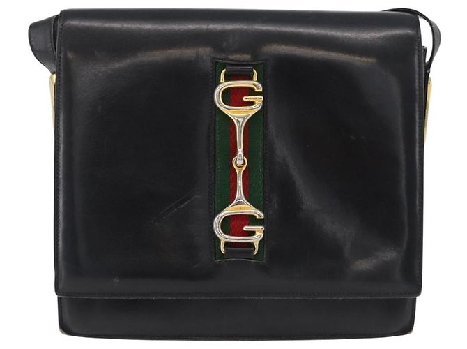 Borsa a tracolla GUCCI Horsebit Web Sherry Line Pelle Nera Oro Auth 179764 Nero D'oro - vista 2