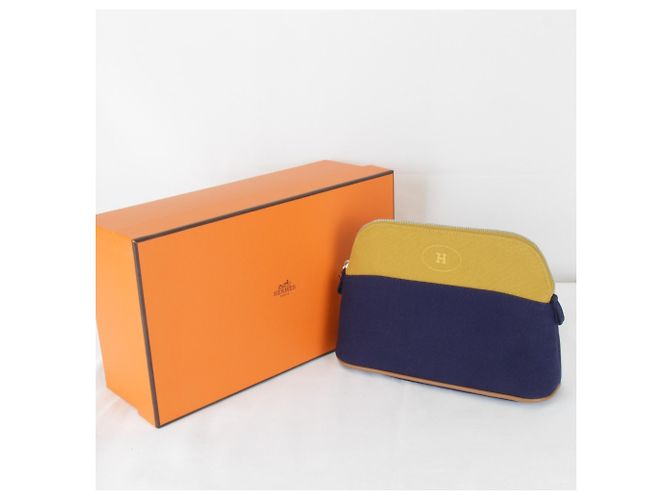 Pochette Mini Bolide Hermès in cotone blu navy e ocra - vista 12
