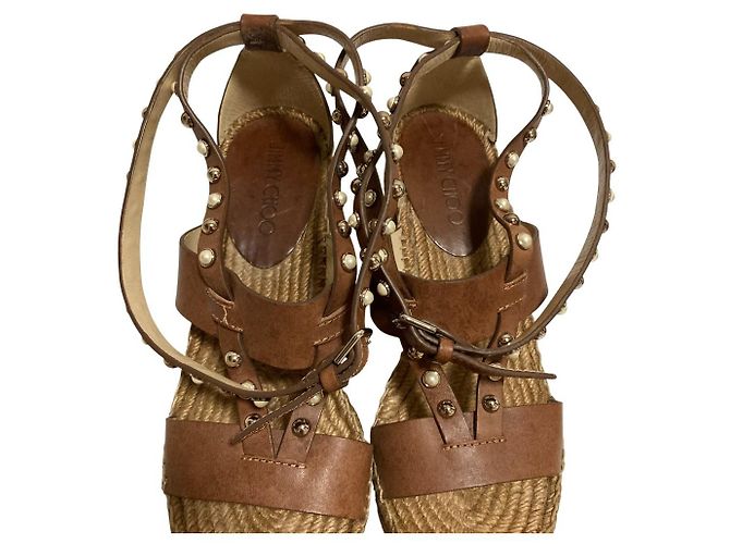 Sandali espadrillas con zeppa e borchie di perle Jimmy Choo Marrone - vista 3