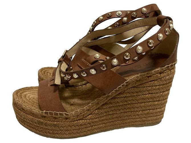 Sandali espadrillas con zeppa e borchie di perle Jimmy Choo Marrone - vista 7
