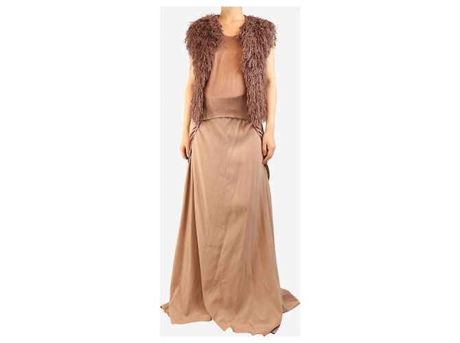 Brunello Cucinelli Conjunto de top de seda marrón de espalda larga y chaleco con flecos - talla S Castaño - vista 2