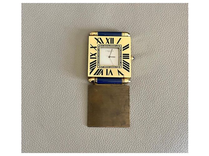 Cartier Pendulette de voyage "Quadrant",dorée avec obus Lapis Lazuli Bleu Crème - vue 10