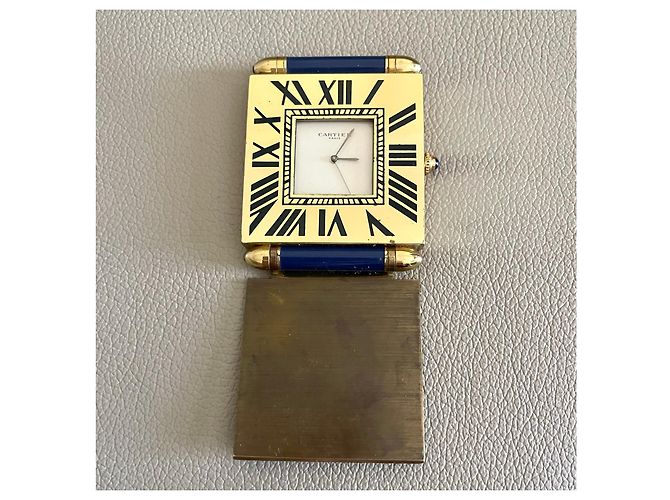 Cartier Pendulette de voyage "Quadrant",dorée avec obus Lapis Lazuli Bleu Crème - vue 6