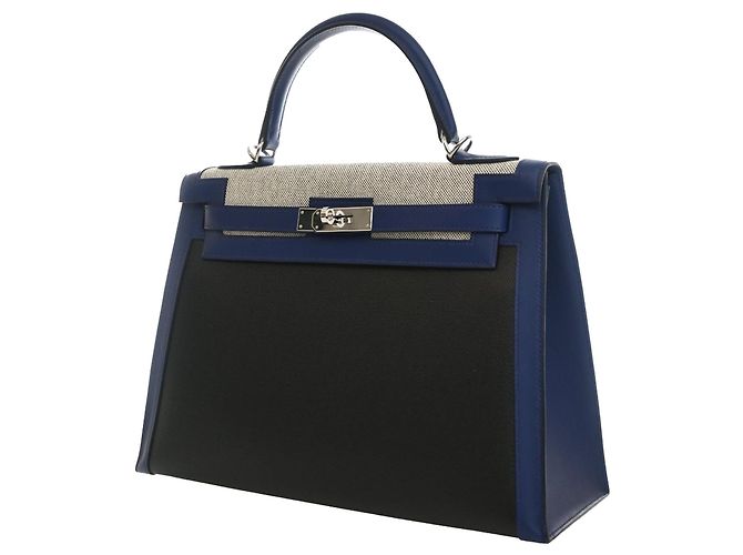 Hermès Black Tricolor Swift e Toile H Berline Kelly II Sellier 32 Blu navy - vista 11