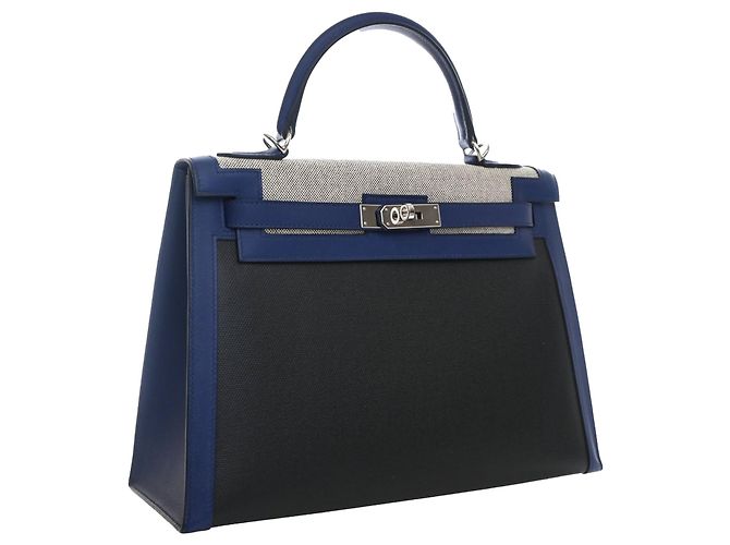 Hermès Black Tricolor Swift e Toile H Berline Kelly II Sellier 32 Blu navy - vista 12