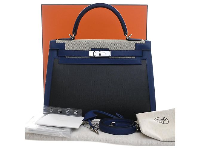 Hermès Black Tricolor Swift e Toile H Berline Kelly II Sellier 32 Blu navy - vista 15