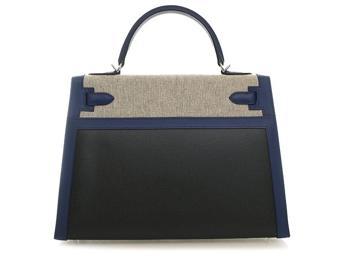 Hermès Black Tricolor Swift e Toile H Berline Kelly II Sellier 32 Blu navy - vista 2