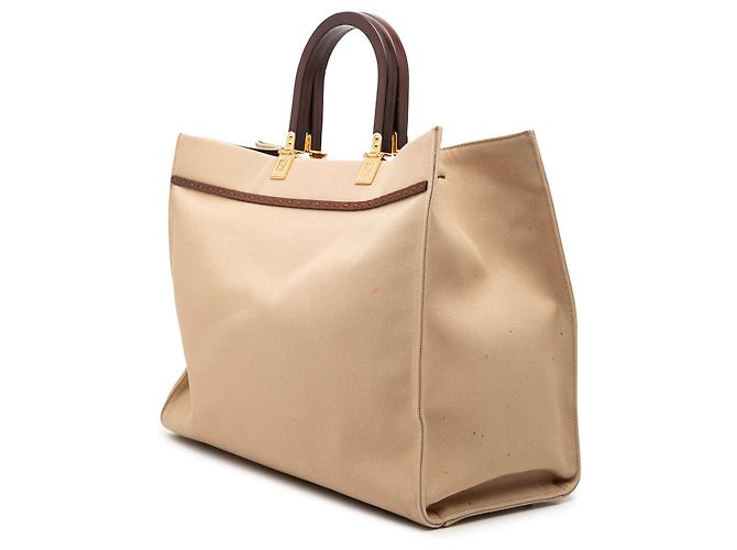 Fendi Sunshine Shopper Tote aus braunem Canvas, Größe Medium Hellbraun - vista 2
