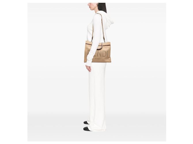 Fendi Sunshine Shopper Tote aus braunem Canvas, Größe Medium Hellbraun - vista 7
