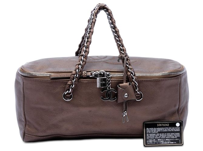 Borsa Chanel CC Luxe Ligne Bowler in pelle di cervo metallizzata marrone Bronzo - vista 8