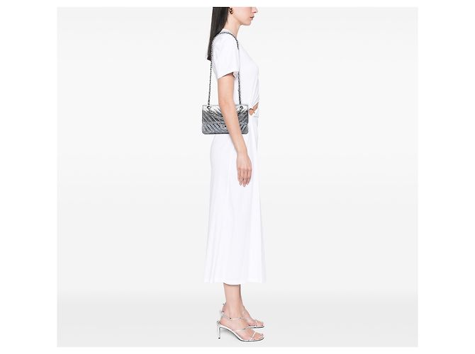 Chanel Silver Small Classic Chevron Metallic Crumpled Calfskin Double Flap Argento - vista 6
