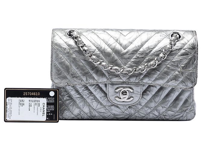 Chanel Silver Small Classic Chevron Metallic Crumpled Calfskin Double Flap Argento - vista 7