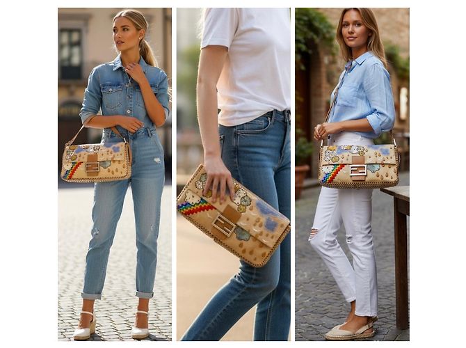 BORSA BAGUETTE FENDI ULTRA RARA MAXI RAINBOW WHIPSTITCH RICAMATA 3-WAY - vista 2