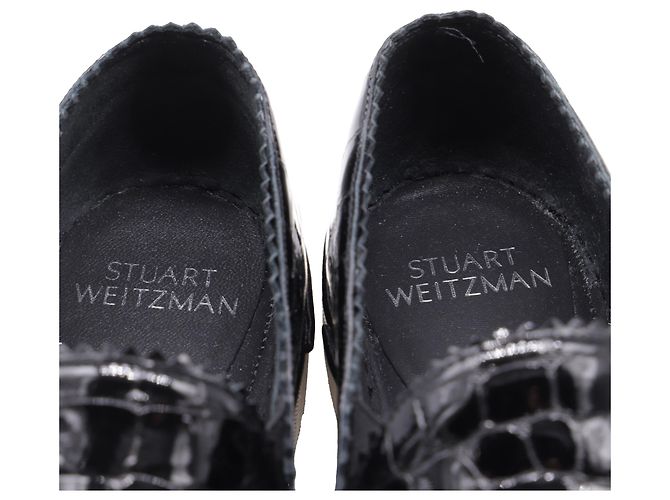 Stuart Weitzman Croc Embossed Nuggets Slip On Sneaker aus schwarzem Leder - Ansicht 8