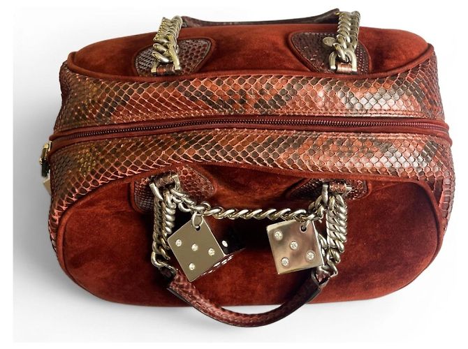 Rara borsa bowling Christian Dior Dice Gambler in scamosciato e pitone bordeaux Medium 2004 F/W Marrone Bordò Silver hardware - vista 11