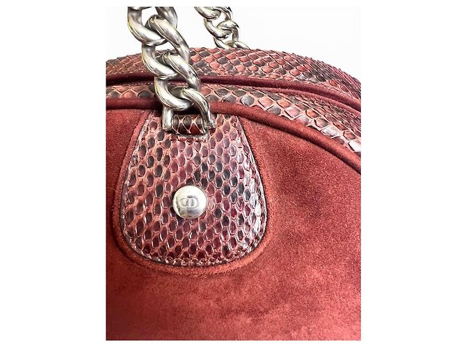 Rara borsa bowling Christian Dior Dice Gambler in scamosciato e pitone bordeaux Medium 2004 F/W Marrone Bordò Silver hardware - vista 12