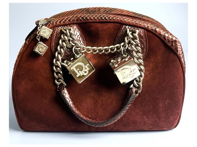 Rara borsa bowling Christian Dior Dice Gambler in scamosciato e pitone bordeaux Medium 2004 F/W Marrone Bordò Silver hardware - vista 2