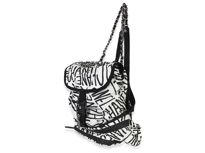 Chanel White Black Nylon Printed Coco Neige Rucksack Schwarz - Ansicht 3