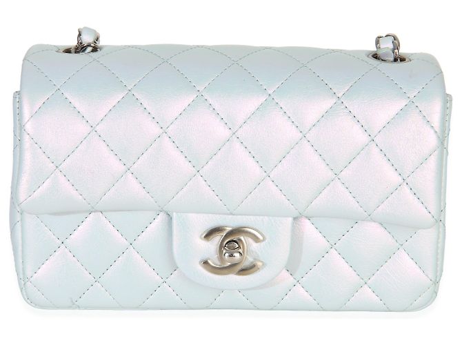 Timeless Chanel Mini Flap Rectangular en piel de cabra acolchada azul iridiscente - vista 8