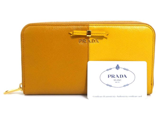 Cartera larga de cuero marrón y amarillo Prada Castaño - vista 12