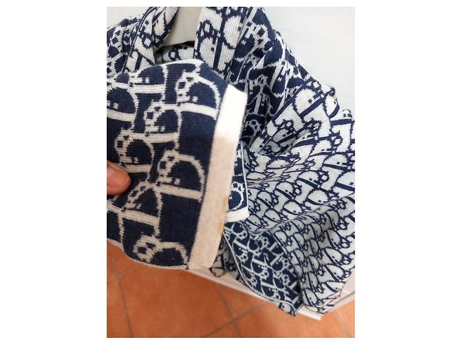 Sciarpa Christian Dior Oblique in lana Bianco Blu - vista 7
