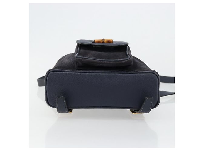 Mochila GUCCI Bamboo Camurça Marinho Ouro 003 2034 0030 Auth BA12560 Dourado Azul marinho - vista 11