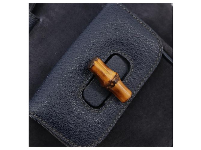 Mochila GUCCI Bamboo Camurça Marinho Ouro 003 2034 0030 Auth BA12560 Dourado Azul marinho - vista 17
