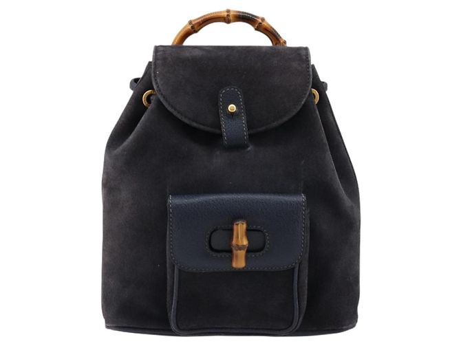 Mochila GUCCI Bamboo Camurça Marinho Ouro 003 2034 0030 Auth BA12560 Dourado Azul marinho - vista 2